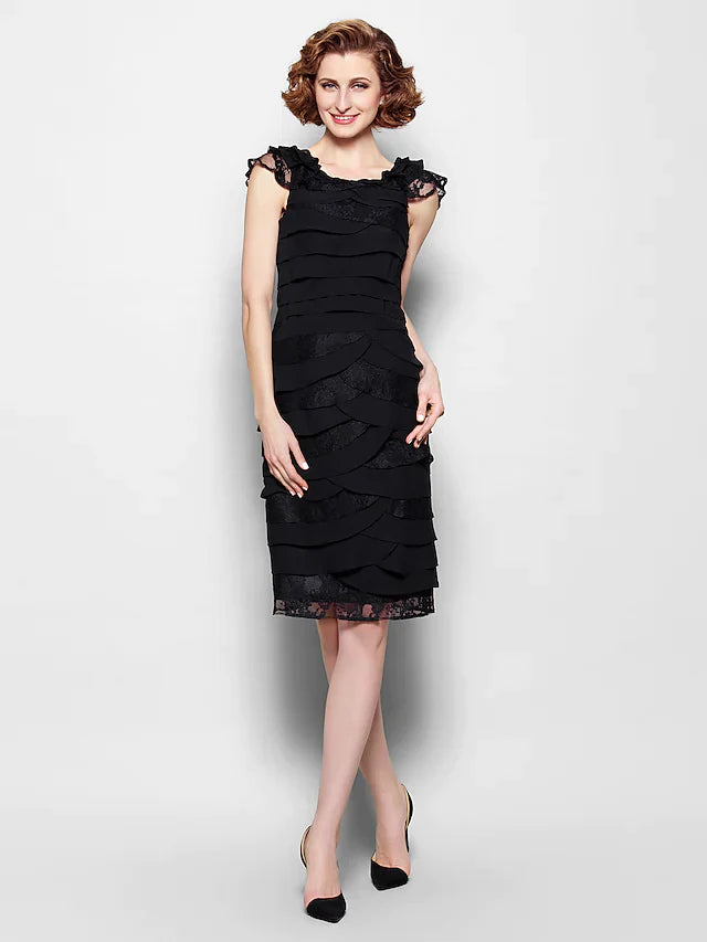 Wholesale Mother of the Bride Dress Little Black Dress Scoop Neck Knee Length Chiffon Lace Sleeveless with Lace Pleats Ruffles